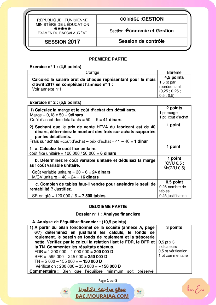Corrigé controle gestion Bac 2017 – Section eco